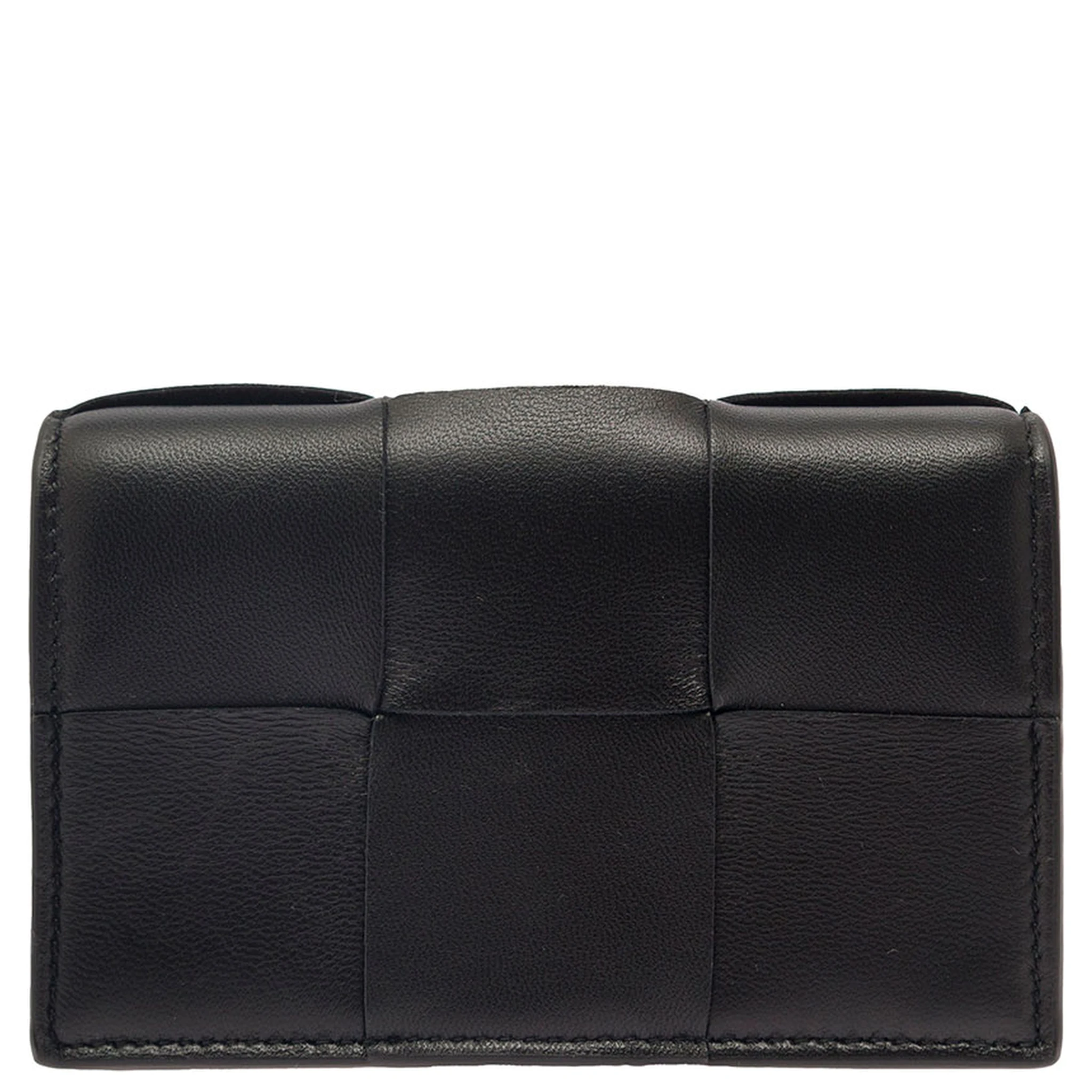 Cassette Black Business Card Case in Intreccio Leather Woman
