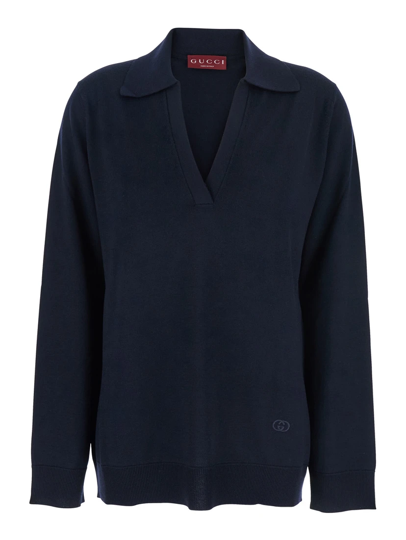 Blue Polo Collar Sweater with GG Logo on the Front in Wool Woman