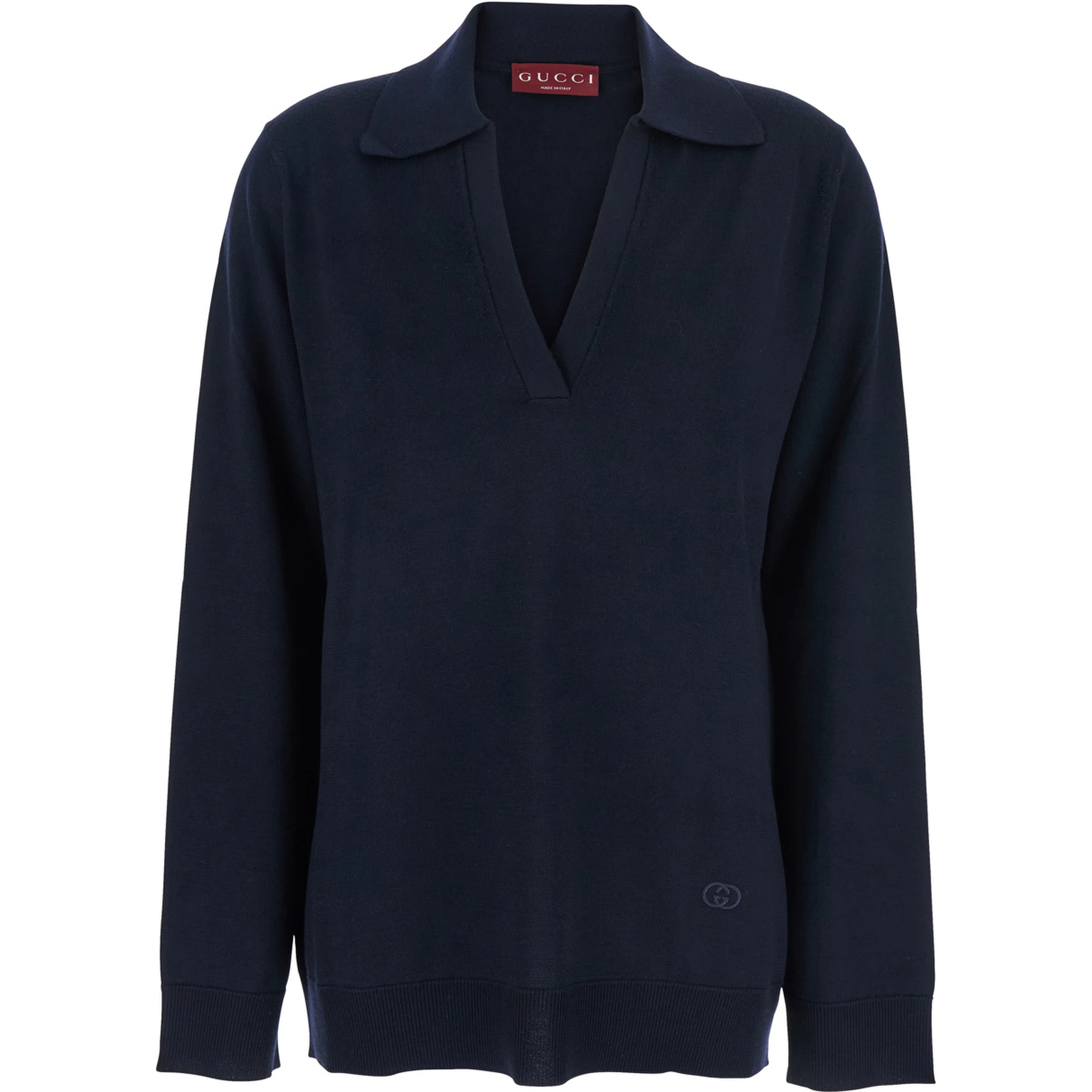 Blue Polo Collar Sweater with GG Logo on the Front in Wool Woman