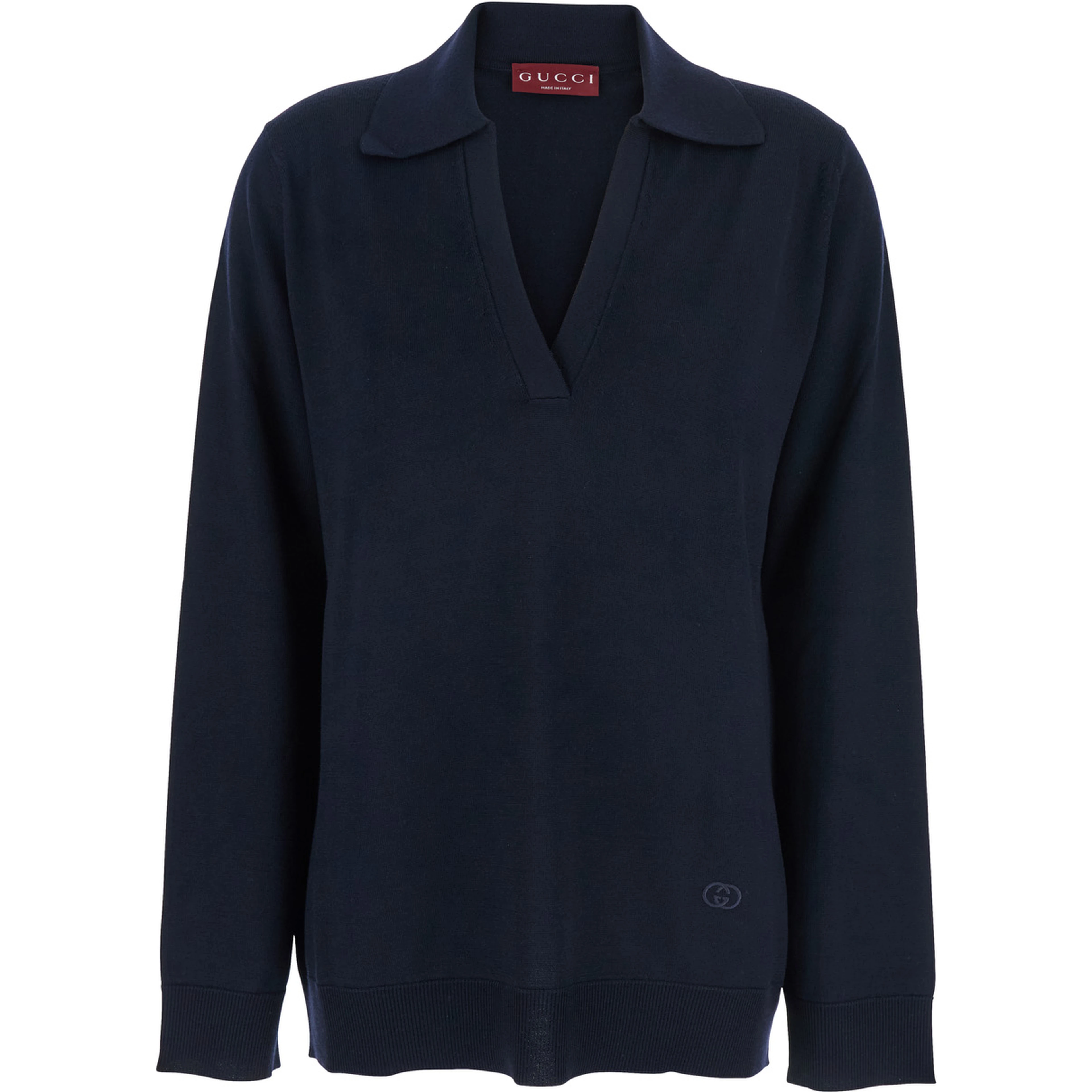 Blue Polo Collar Sweater with GG Logo on the Front in Wool Woman