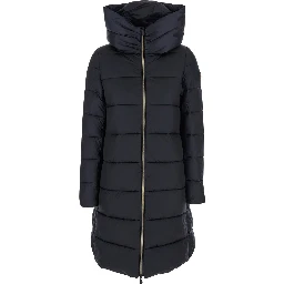 Black Down Jacket with Fixed Hood and Logo Patch on the Sleeve in Tech Fabric Woman
