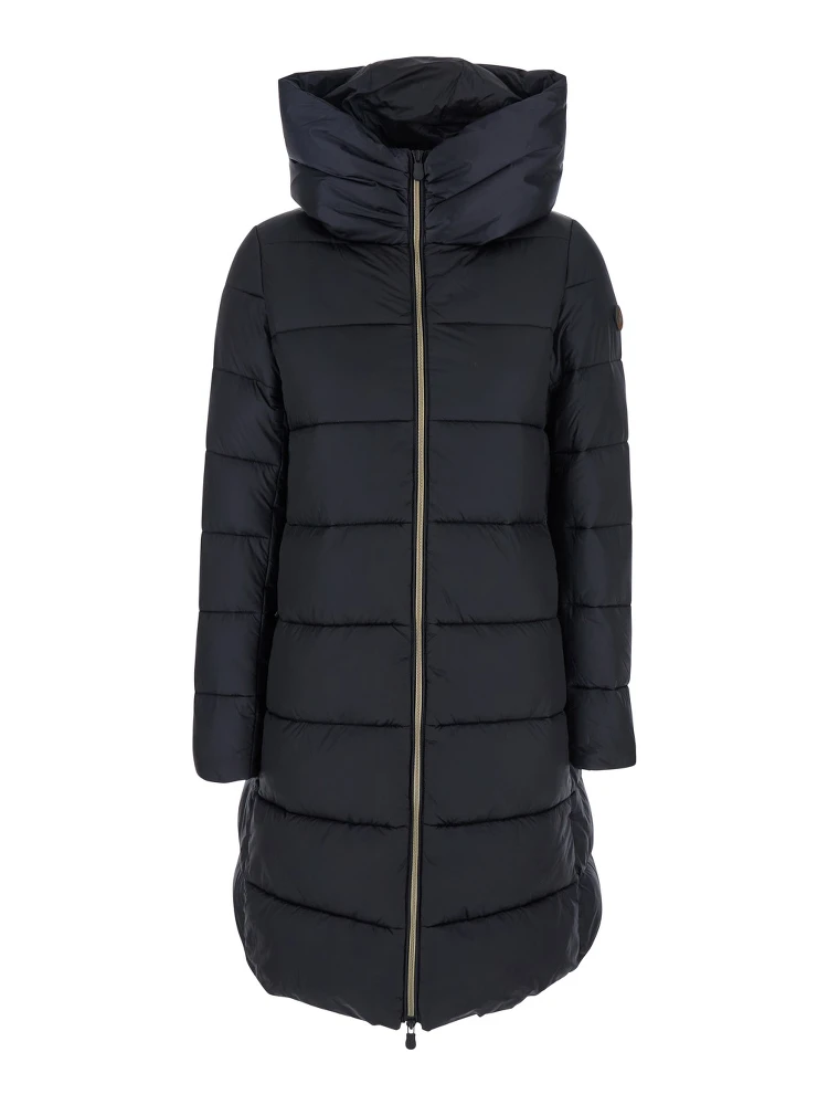 Black Down Jacket with Fixed Hood and Logo Patch on the Sleeve in Tech Fabric Woman