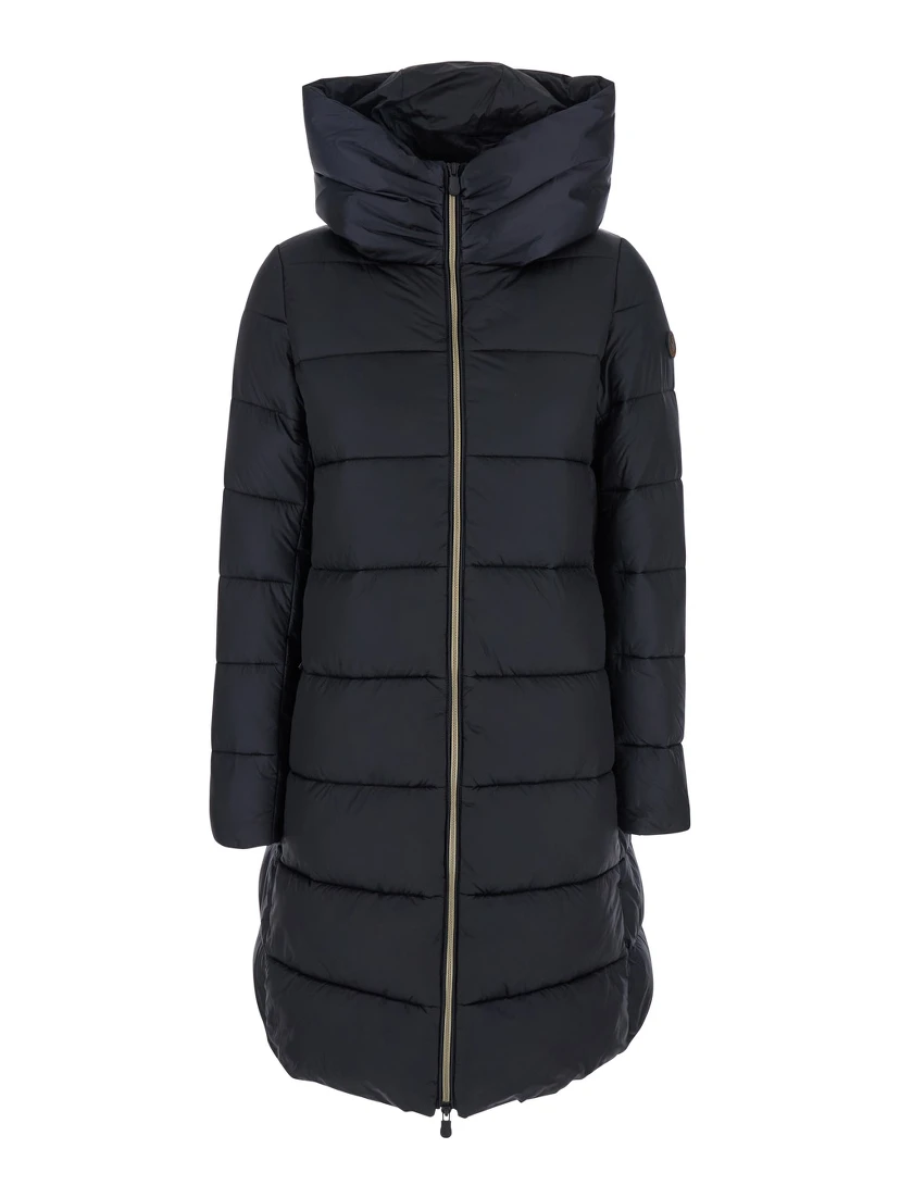 Black Down Jacket with Fixed Hood and Logo Patch on the Sleeve in Tech Fabric Woman