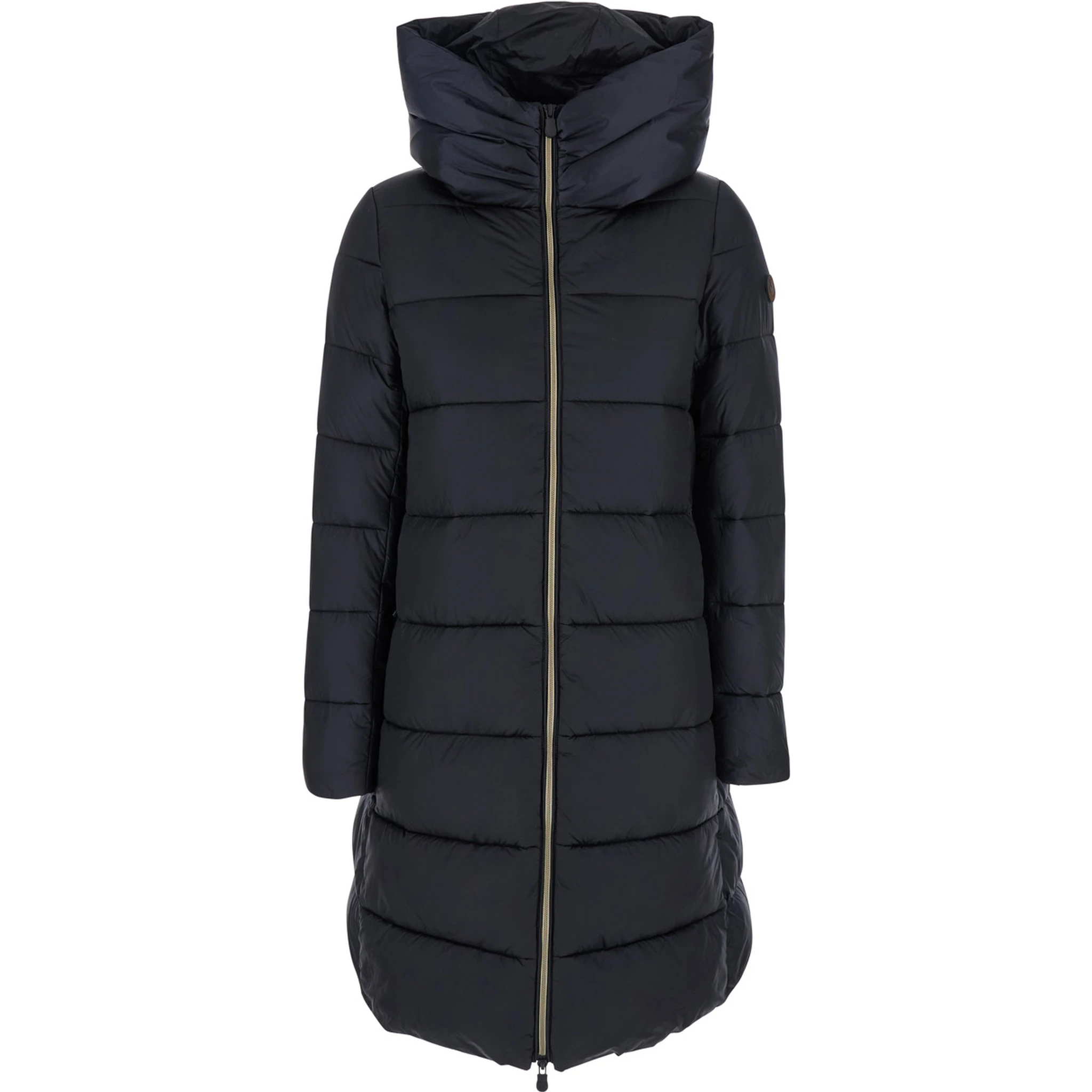 Black Down Jacket with Fixed Hood and Logo Patch on the Sleeve in Tech Fabric Woman