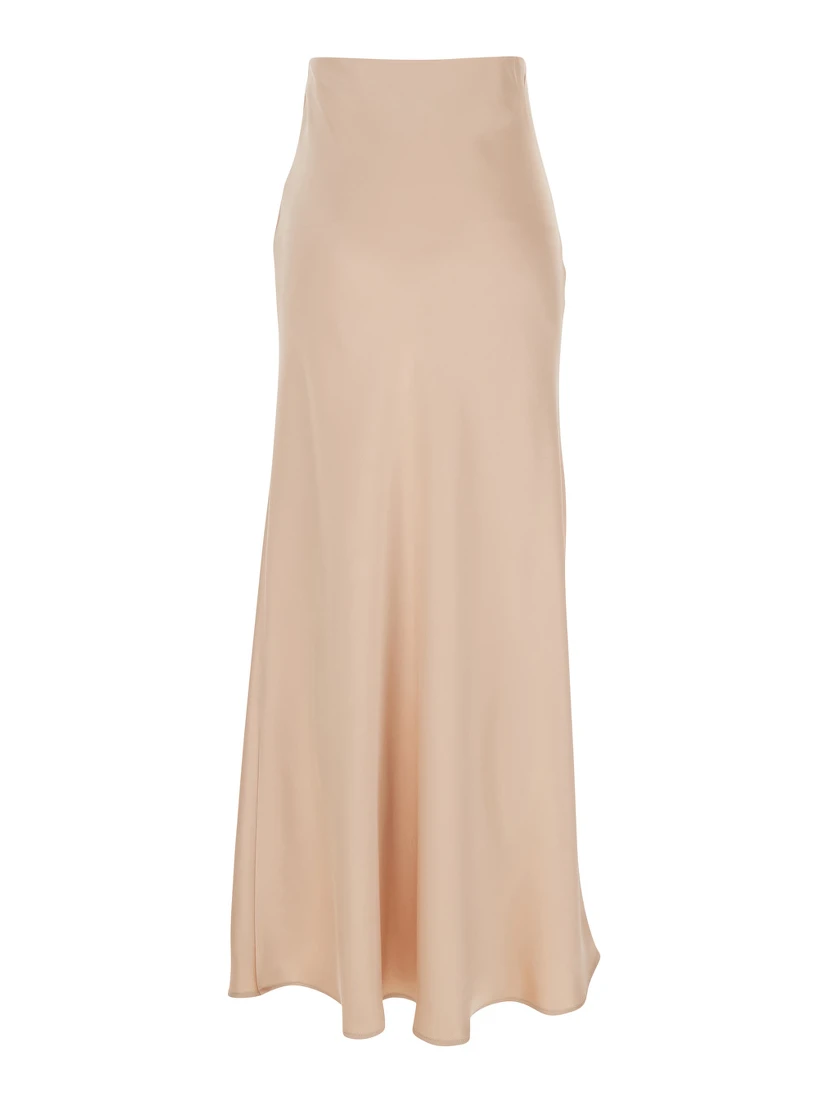 Beige Long Skirt with Ruffle Detail at the Bottom in Satin Woman
