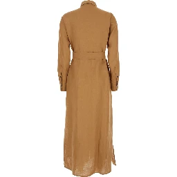 Beige Dress with Classic Collar and Adjustable Skirt in Linen Woman