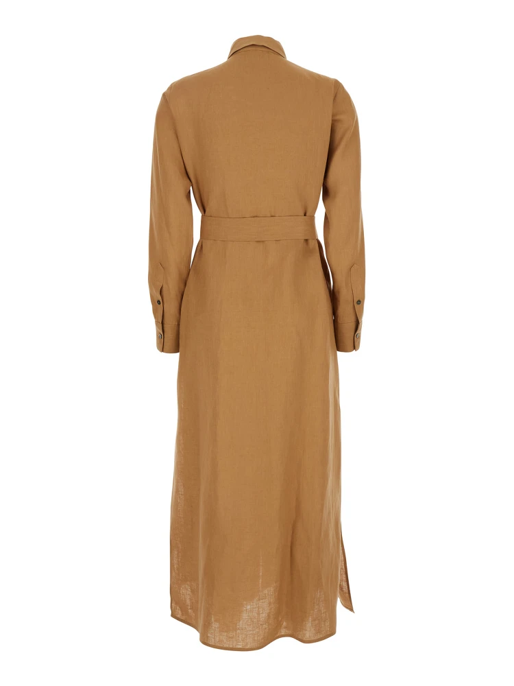 Beige Dress with Classic Collar and Adjustable Skirt in Linen Woman alternative