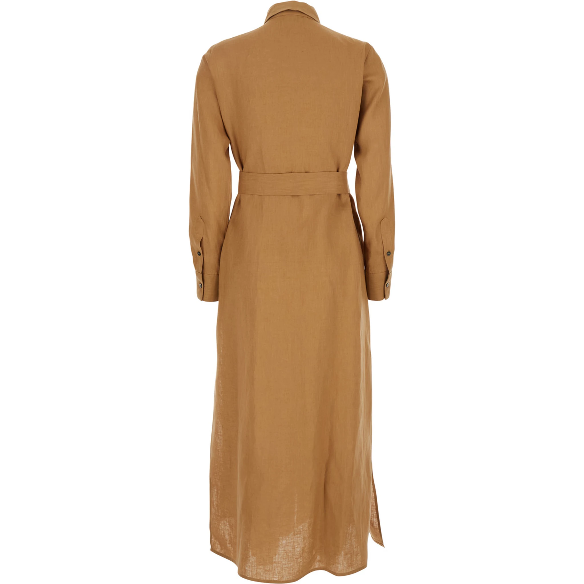 Beige Dress with Classic Collar and Adjustable Skirt in Linen Woman