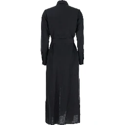 Black Dress with Classic Collar and Adjustable Skirt in Linen Woman