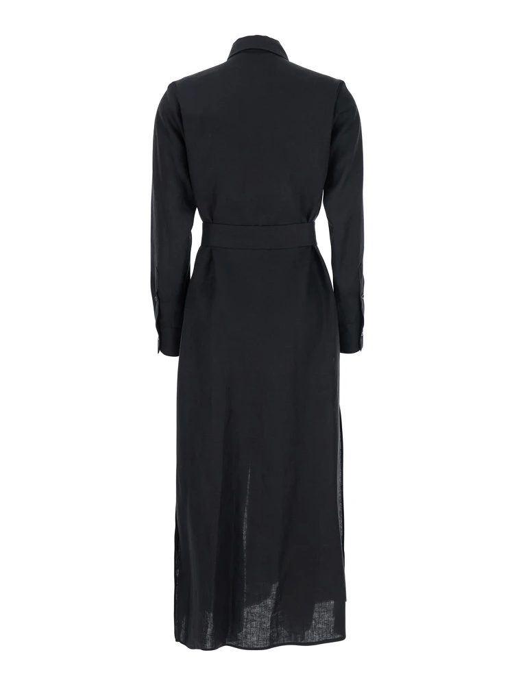 Black Dress with Classic Collar and Adjustable Skirt in Linen Woman alternative