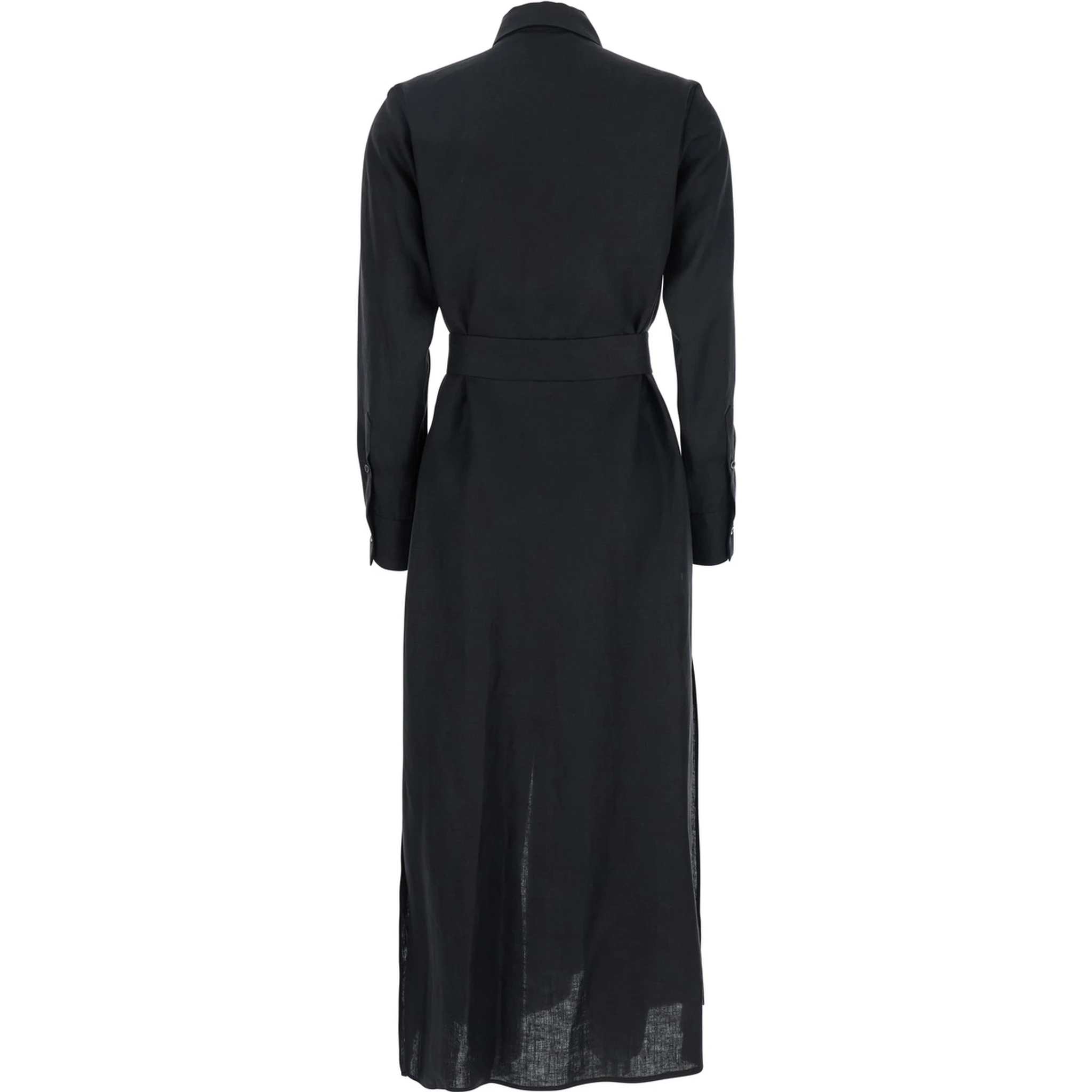 Black Dress with Classic Collar and Adjustable Skirt in Linen Woman