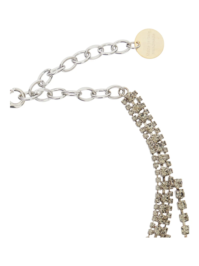 Metallic-Colored Necklace with All-Over Applied Glass Crystals and Adjustable Clasp in Brass Woman