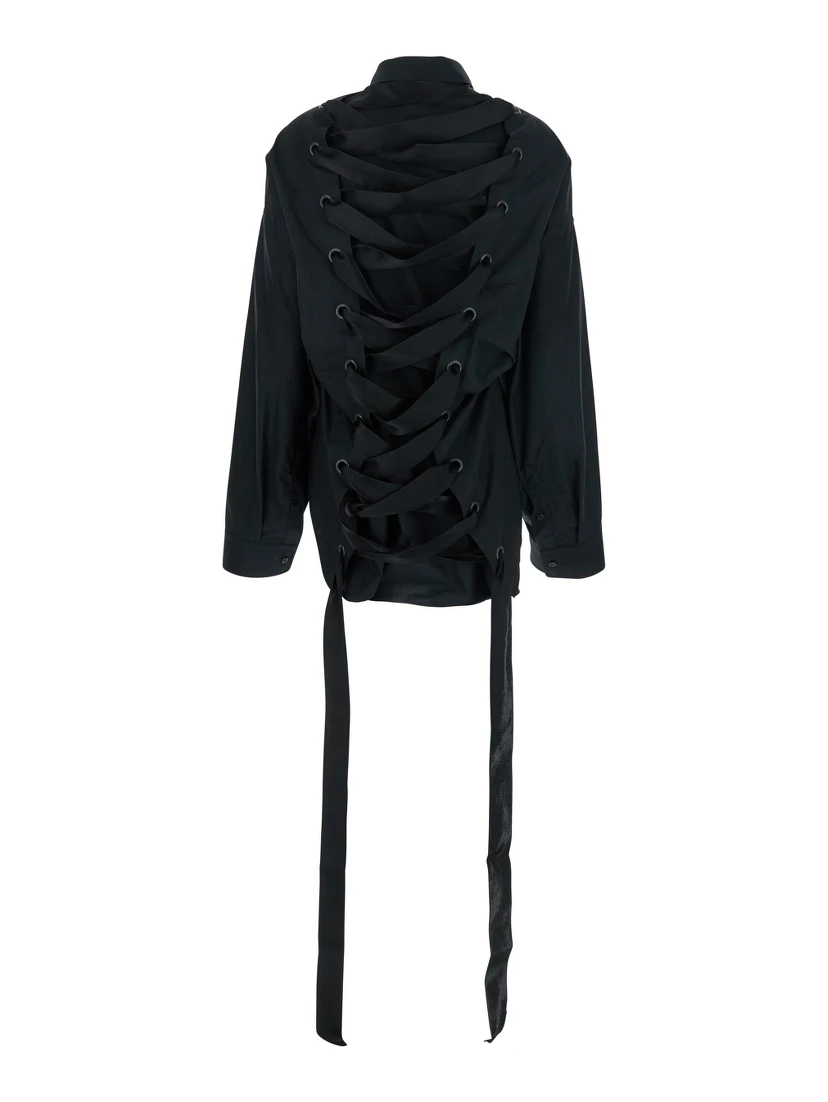 Black Shirt with Classic Collar and Adjustable Laces on the Rear in Cotton Woman