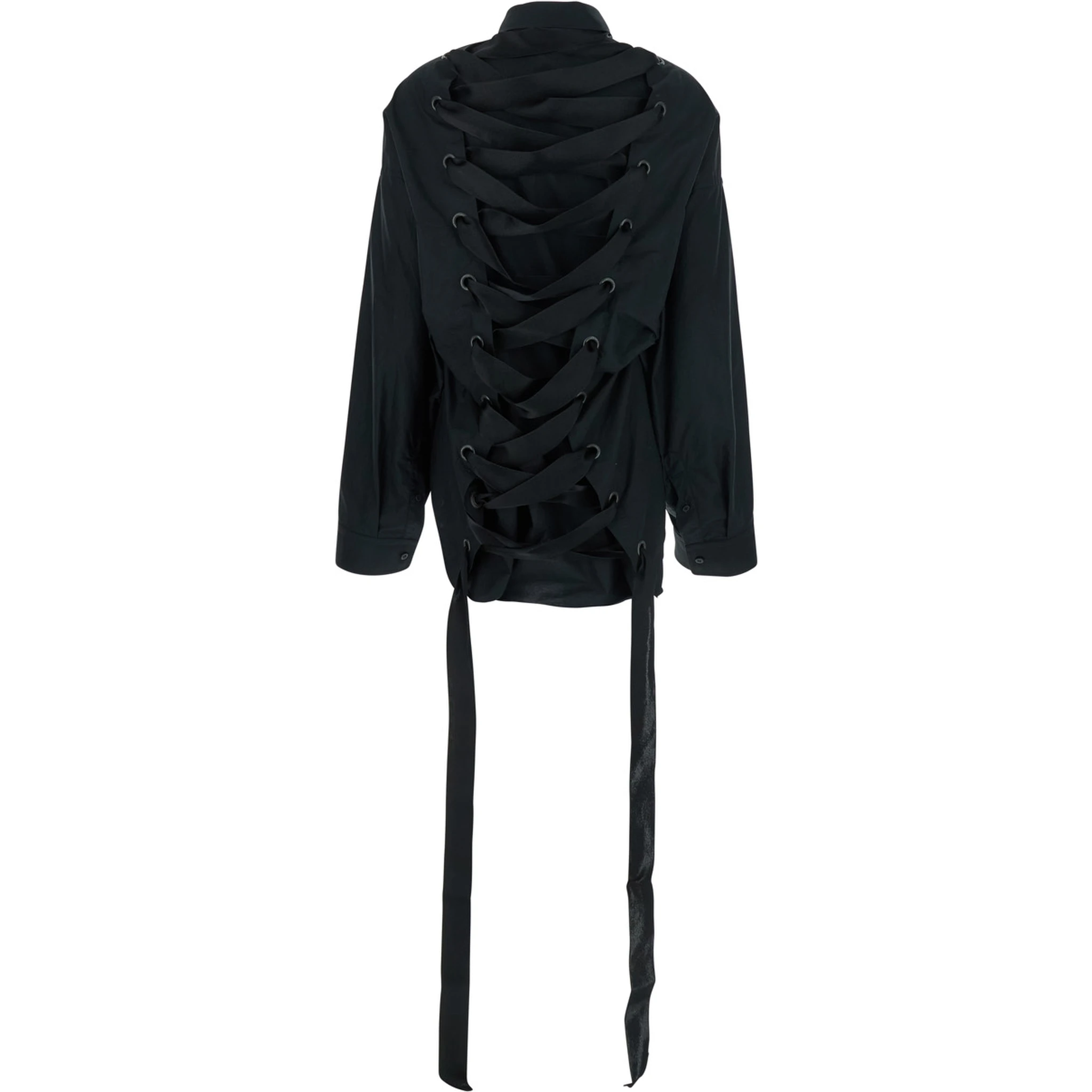 Black Shirt with Classic Collar and Adjustable Laces on the Rear in Cotton Woman