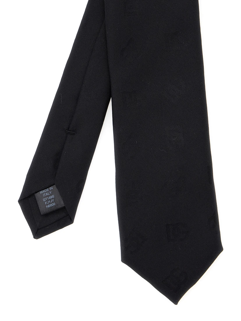Black Tie with Tie Closure on the Rear and All-Over Logo Embroidery in Silk Man