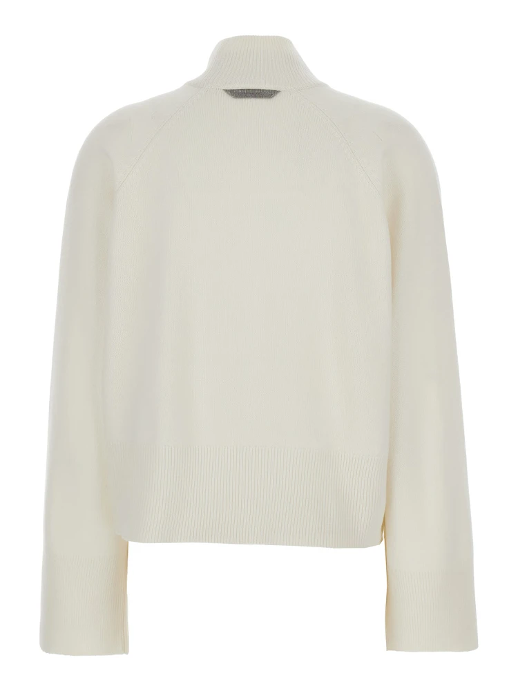White Sweater with High Neck and Monil Detail on the Rear in Cashmere Woman alternative