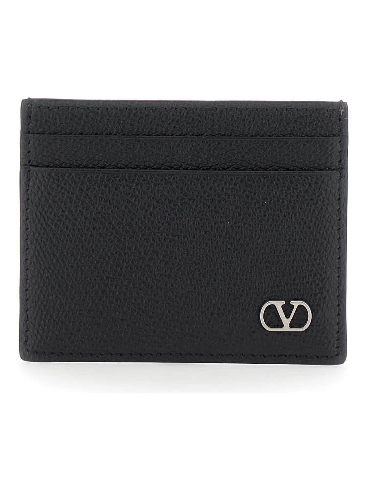 Black Horizontal Card Holder with VLogo Plaque on the Front in Grained Leather Man