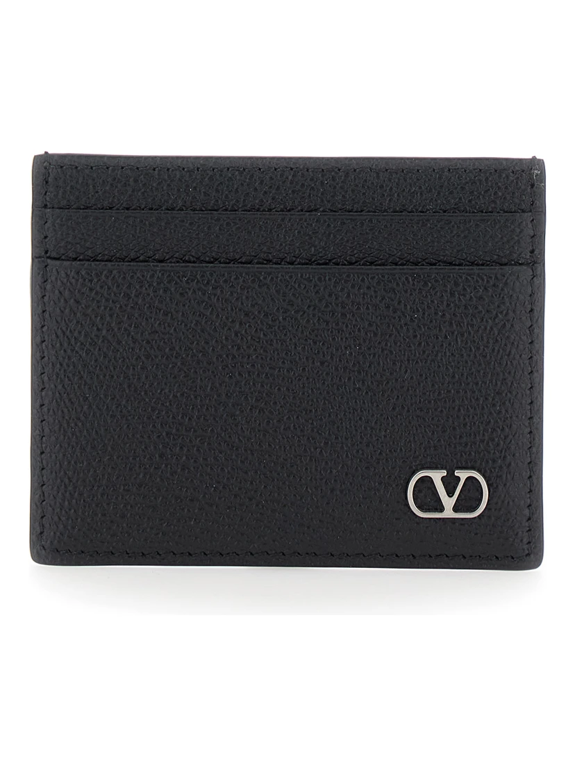 Black Horizontal Card Holder with VLogo Plaque on the Front in Grained Leather Man