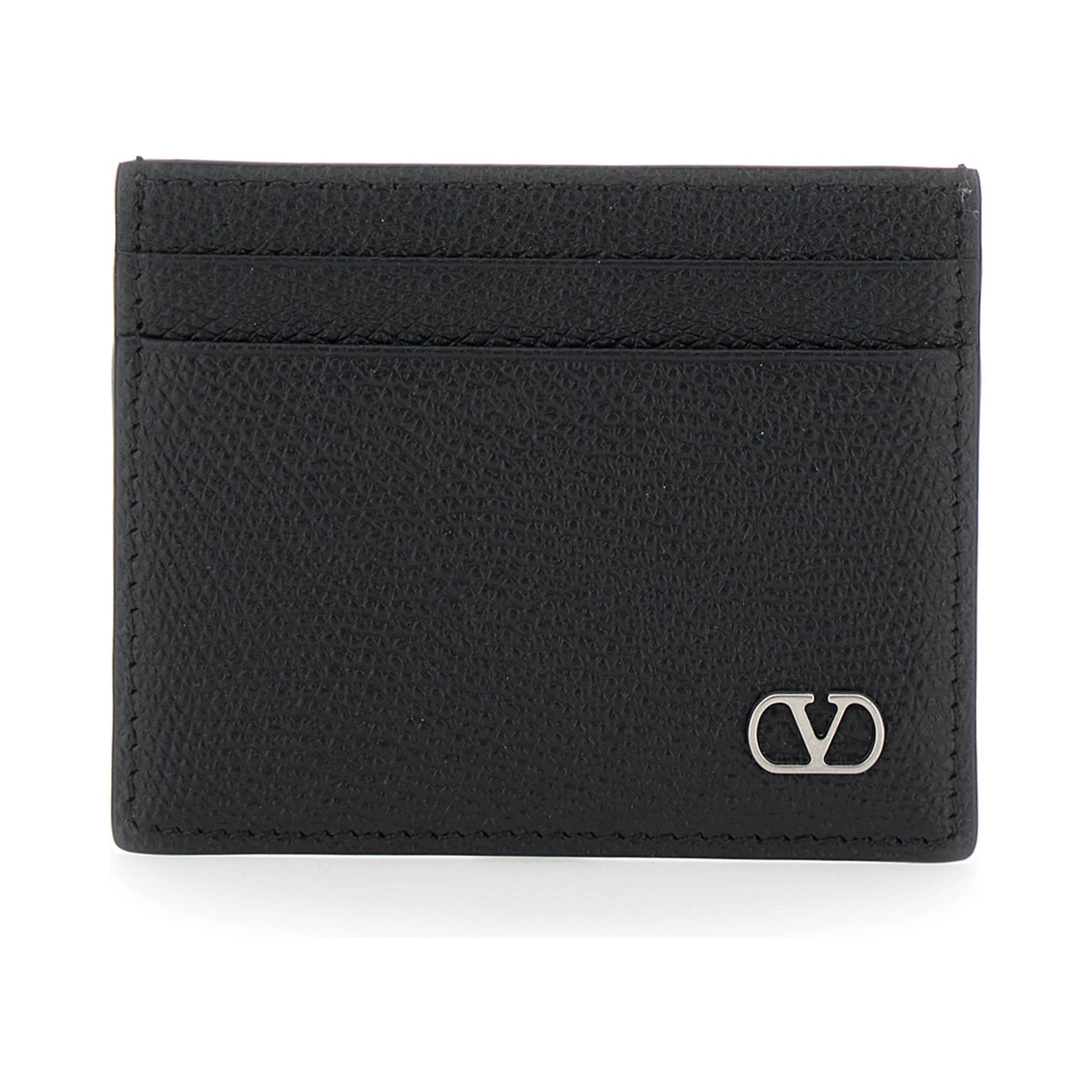 Black Horizontal Card Holder with VLogo Plaque on the Front in Grained Leather Man