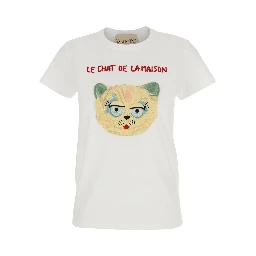 White Crew Neck T-Shirt with Front Embroidery in Cotton Jersey Woman