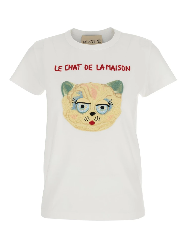 White Crew Neck T-Shirt with Front Embroidery in Cotton Jersey Woman