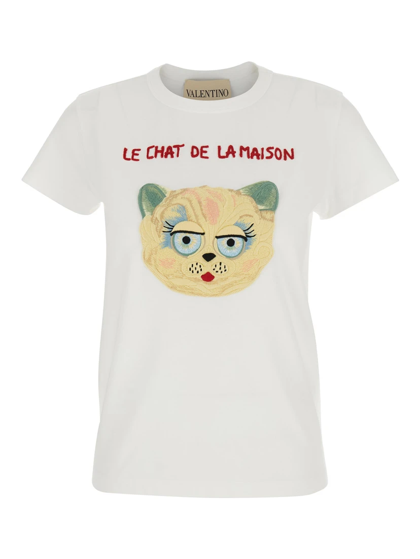 White Crew Neck T-Shirt with Front Embroidery in Cotton Jersey Woman