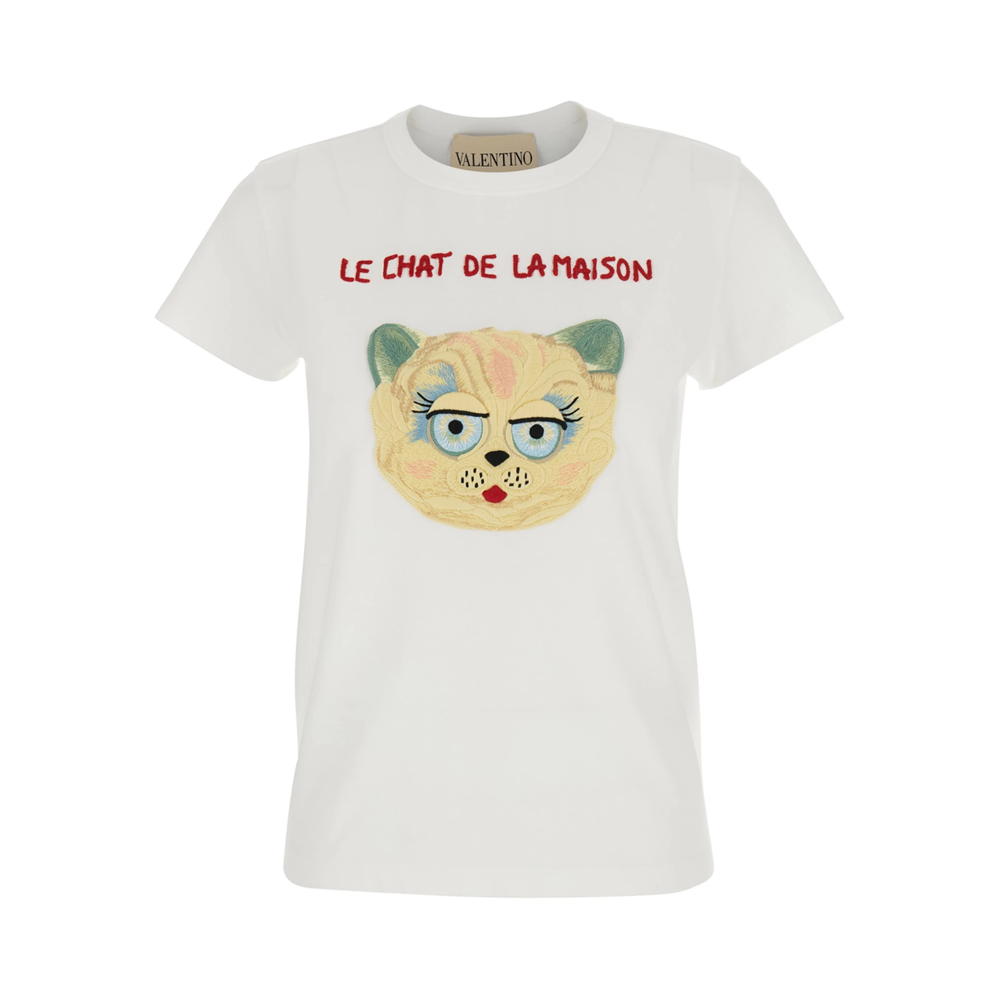 White Crew Neck T-Shirt with Front Embroidery in Cotton Jersey Woman