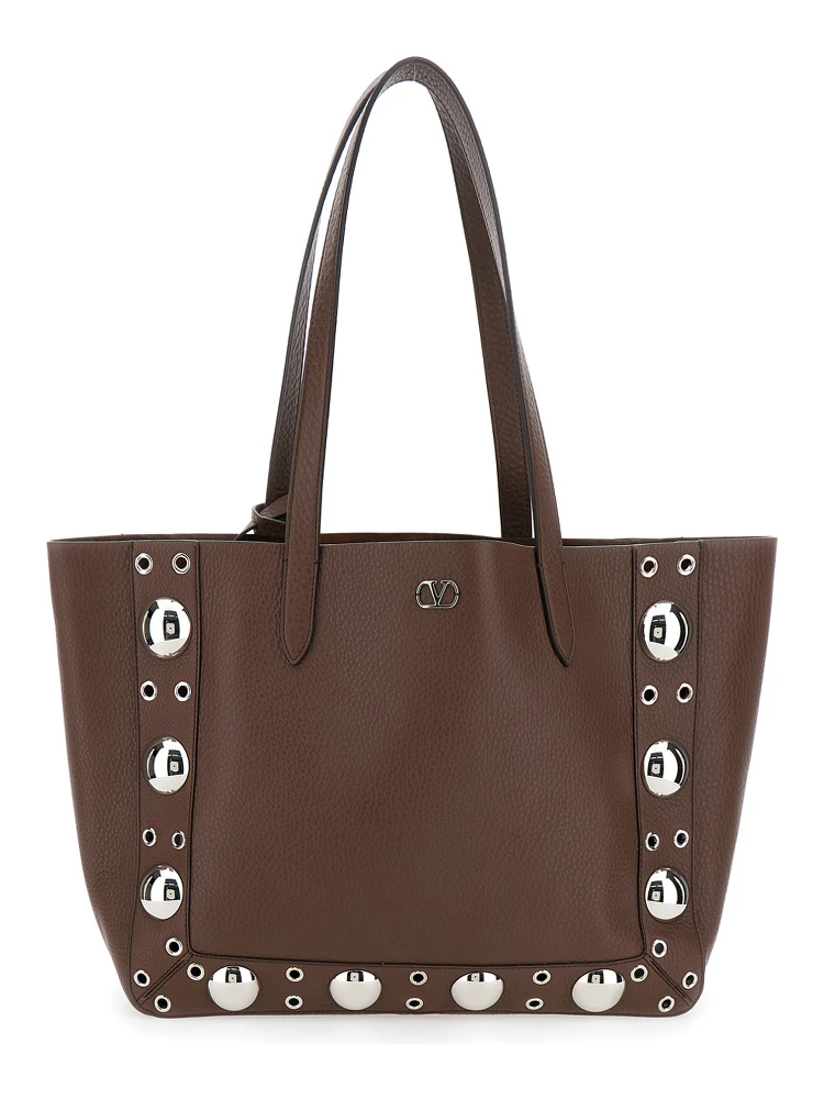 Nellcote Brown Tote Bag with Removable Pouch on the Inside and Stud Embellishments in Grained Leather Man