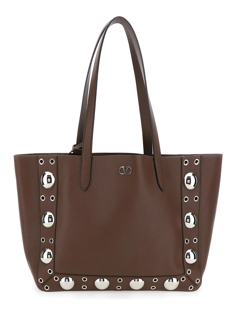 Nellcote Brown Tote Bag with Removable Pouch on the Inside and Stud Embellishments in Grained Leather Man