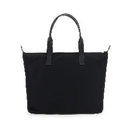 Black Tote Bag with Two Top Handles and Logo Plaque on the Front in Tech Fabric Man