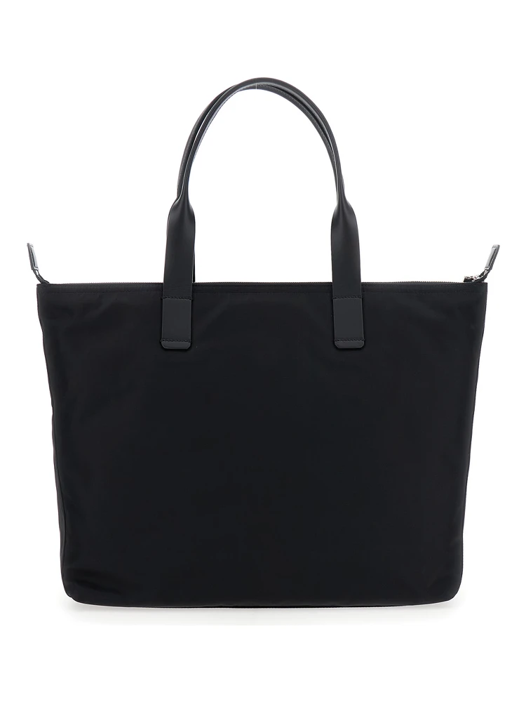 Black Tote Bag with Two Top Handles and Logo Plaque on the Front in Tech Fabric Man alternative