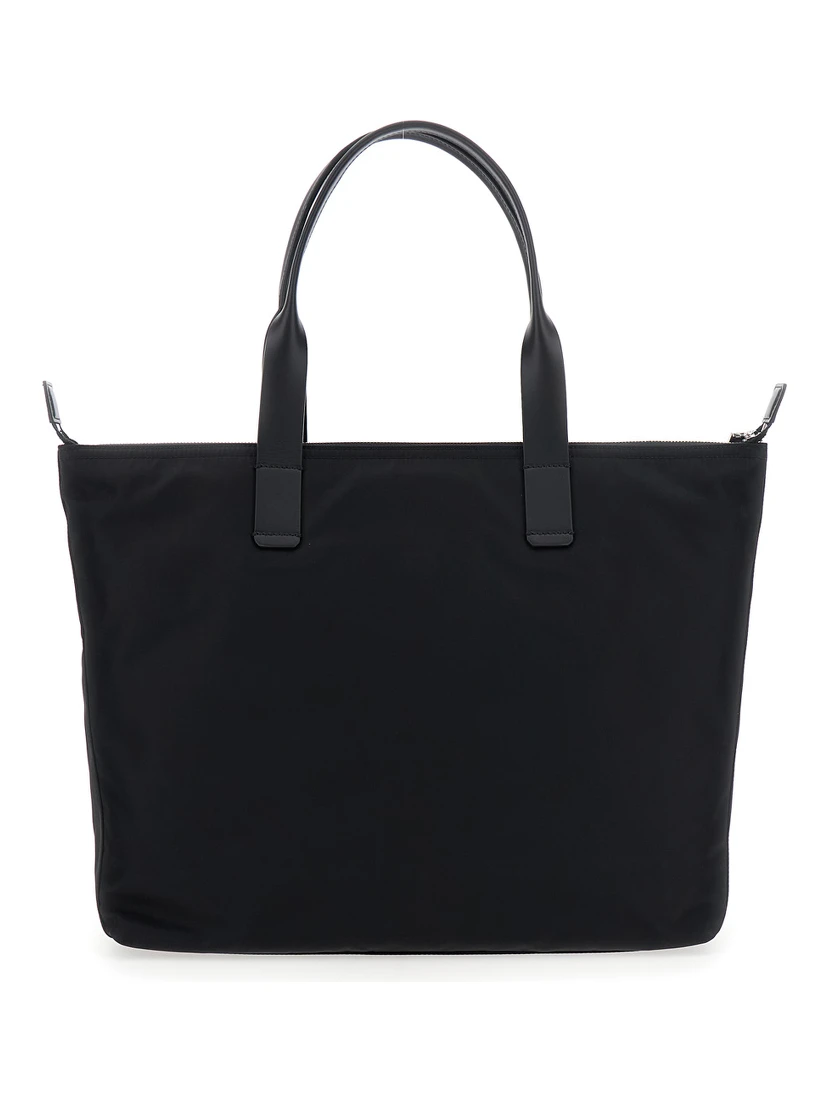 Black Tote Bag with Two Top Handles and Logo Plaque on the Front in Tech Fabric Man