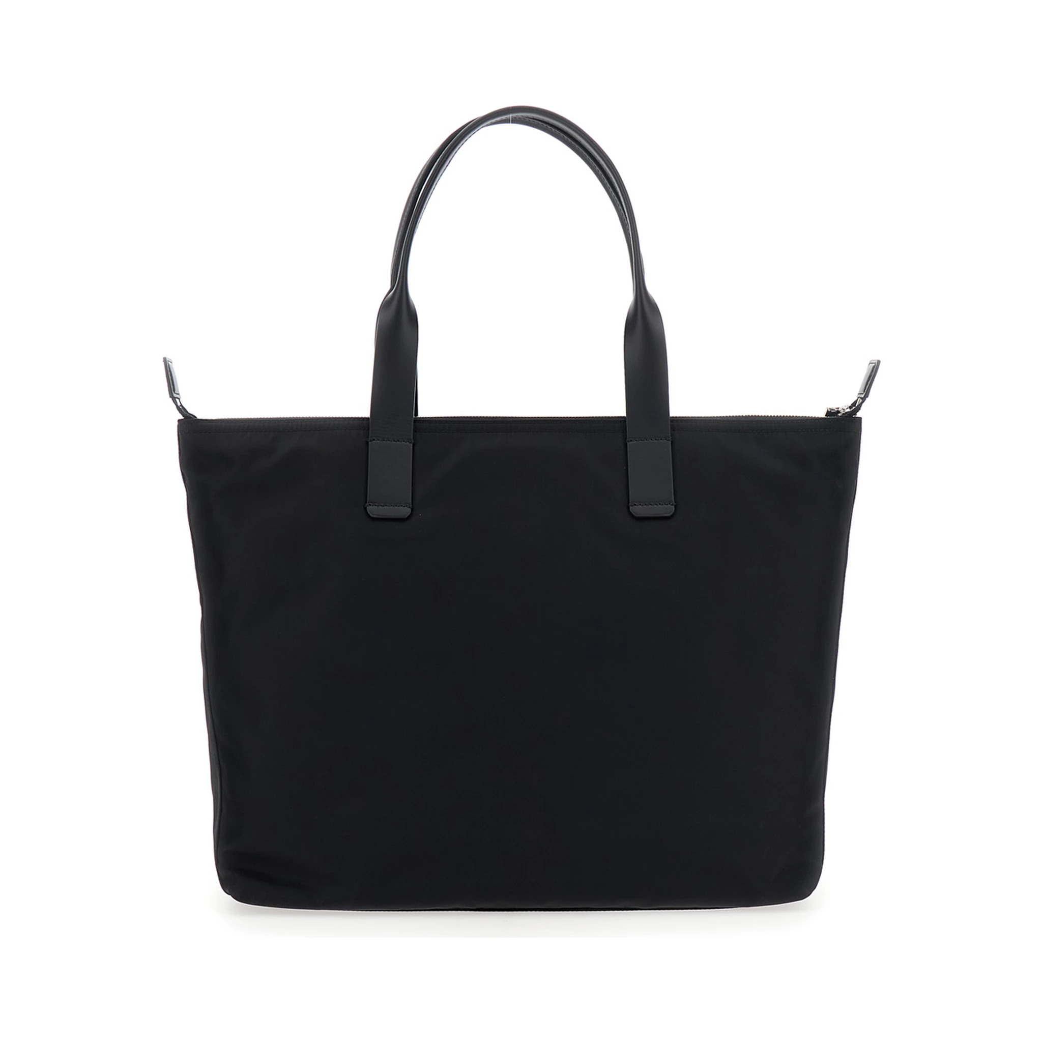 Black Tote Bag with Two Top Handles and Logo Plaque on the Front in Tech Fabric Man
