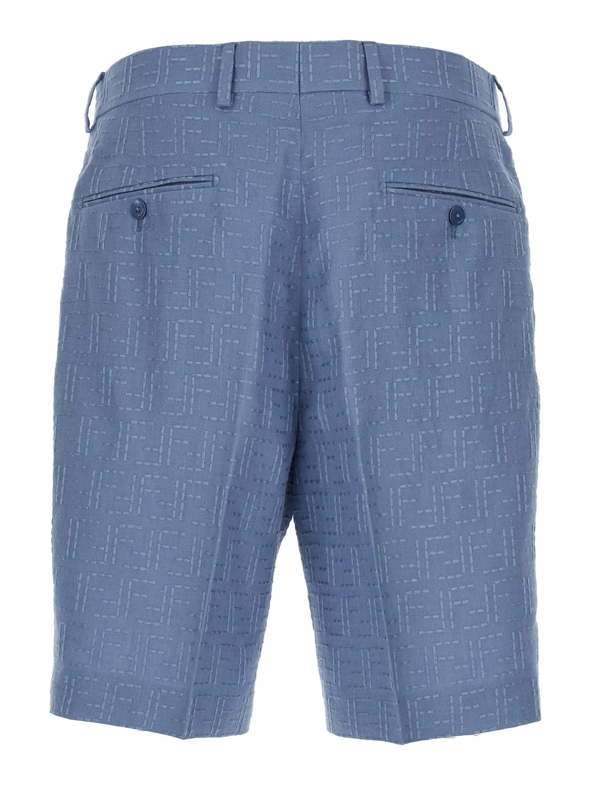 Blue Shorts with All-Over FF Jacquard in Linen Blend Man