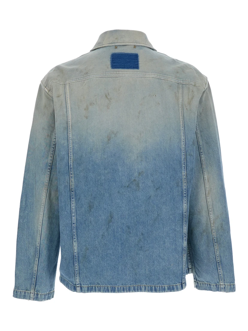 Light Blue Jacket with Classic Collar and Logo Patch on the Rear in Denim Man