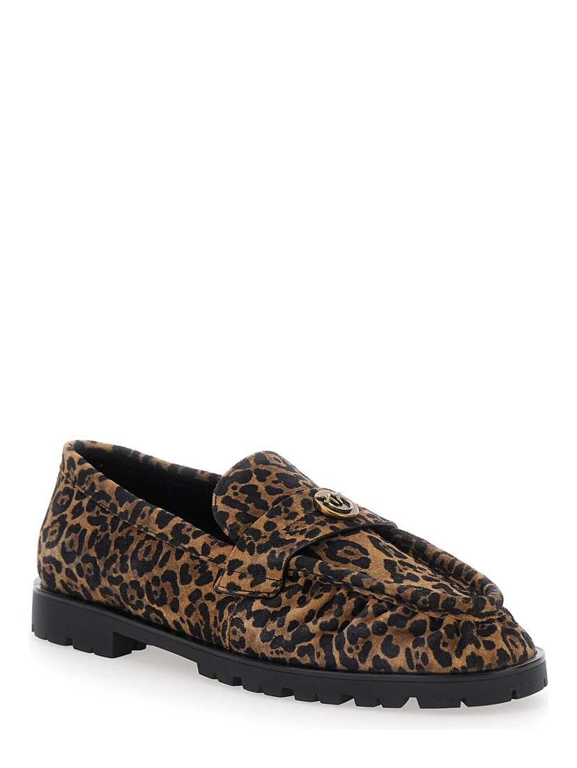 Brown Loafers with Leopard Print and Logo Plaque in Leather Woman