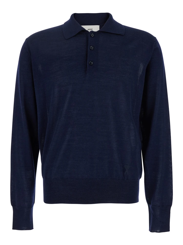 Blue Polo Shirt with Tone-on-Tone Embroidered Logo on the Front in Virgin Wool and Silk Blend Man