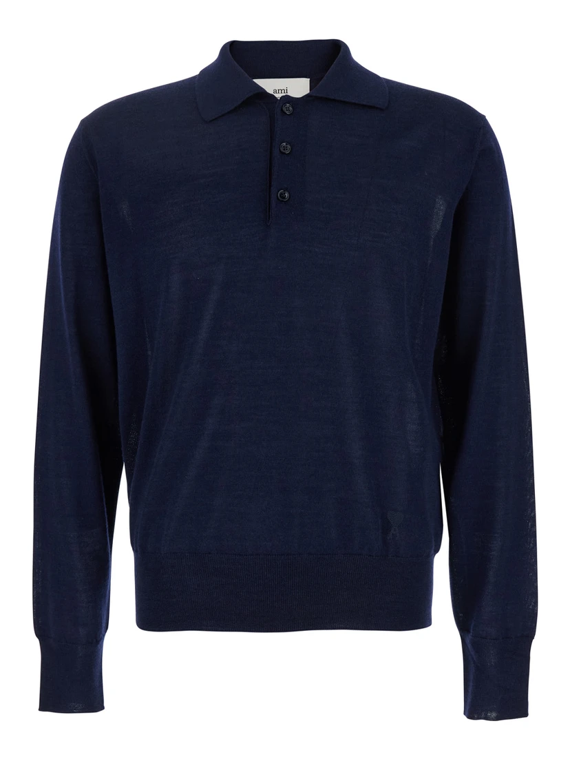 Blue Polo Shirt with Tone-on-Tone Embroidered Logo on the Front in Virgin Wool and Silk Blend Man