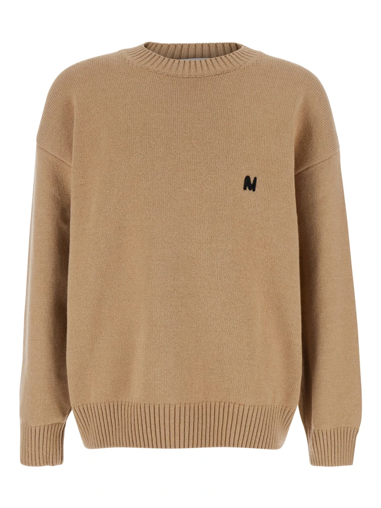 Beige Crew Neck Sweater with Front Logo in Wool Man