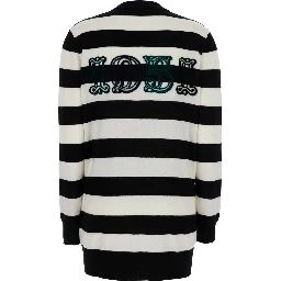 Fiemme Black and White Cardigan with Rear Embroidery and All-Over Striped Motif in Wool Woman