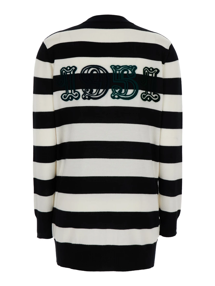 Fiemme Black and White Cardigan with Rear Embroidery and All-Over Striped Motif in Wool Woman