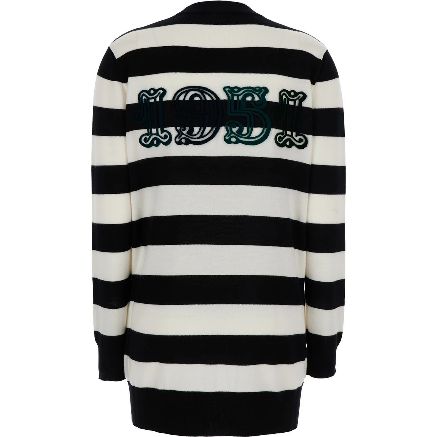 Fiemme Black and White Cardigan with Rear Embroidery and All-Over Striped Motif in Wool Woman