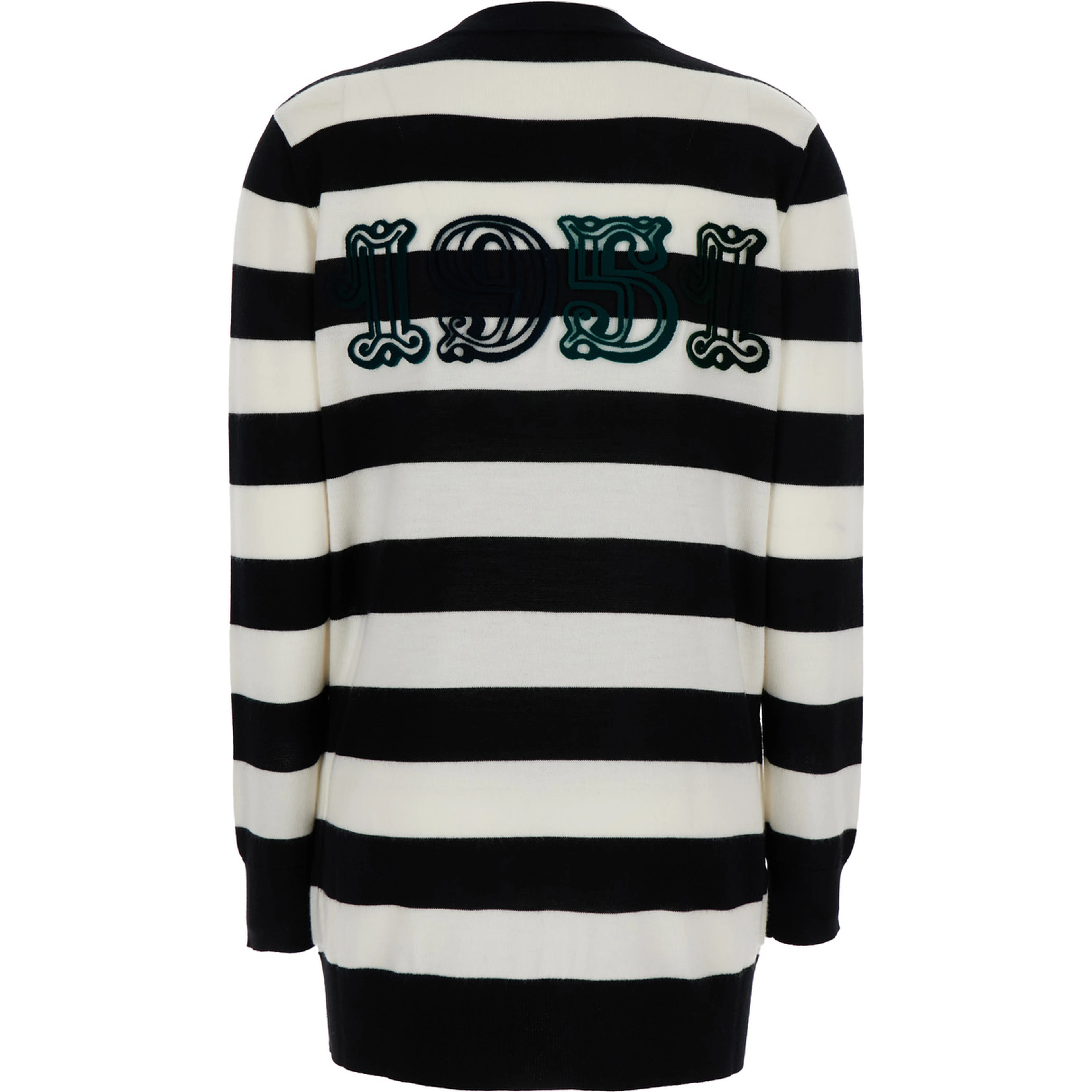 Fiemme Black and White Cardigan with Rear Embroidery and All-Over Striped Motif in Wool Woman