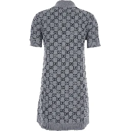 Grey Dress with Wide Collar and All-Over GG Motif in Wool Woman