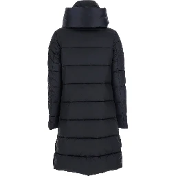 Black Down Jacket with Fixed Hood and Logo Patch on the Sleeve in Tech Fabric Woman