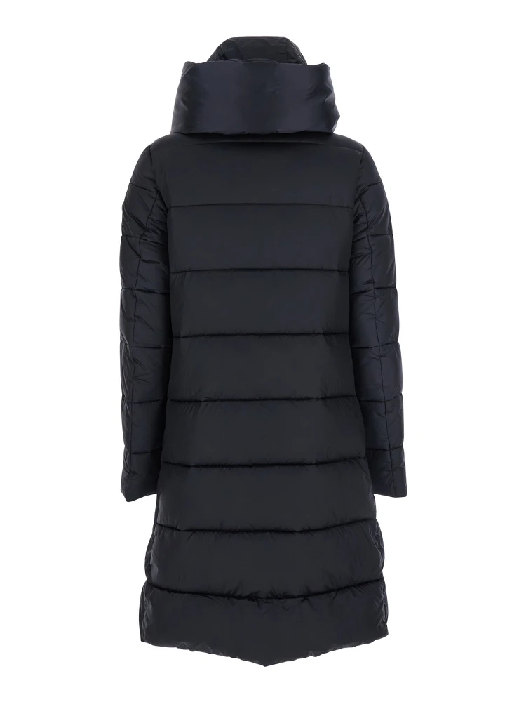 Black Down Jacket with Fixed Hood and Logo Patch on the Sleeve in Tech Fabric Woman alternative