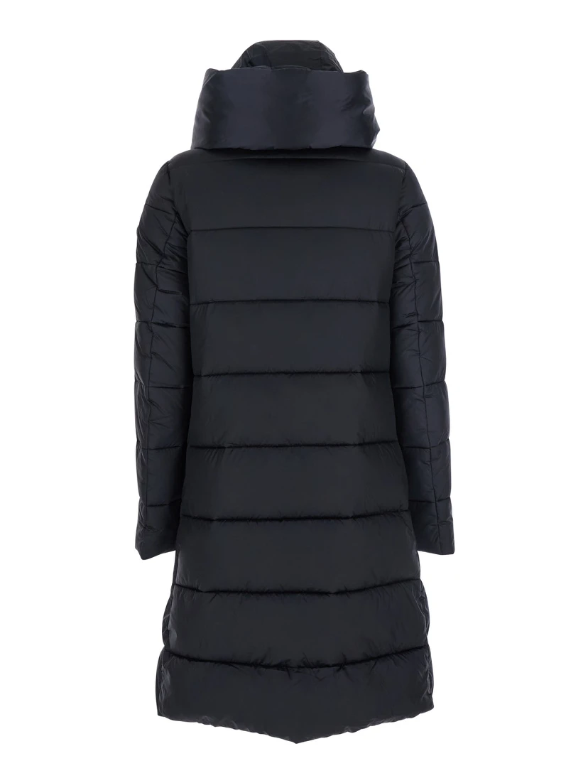 Black Down Jacket with Fixed Hood and Logo Patch on the Sleeve in Tech Fabric Woman