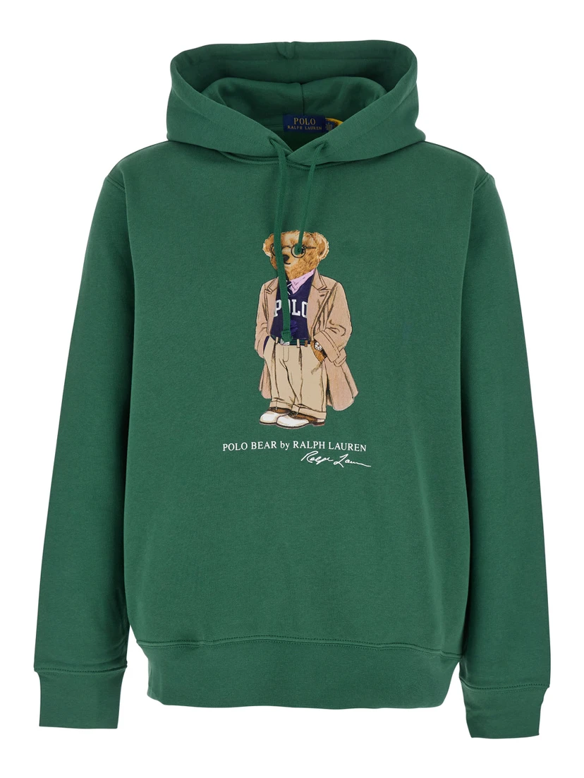 Green Hoodie with Drawstring Hood and Logo Print on the Front in Cotton Blend Man