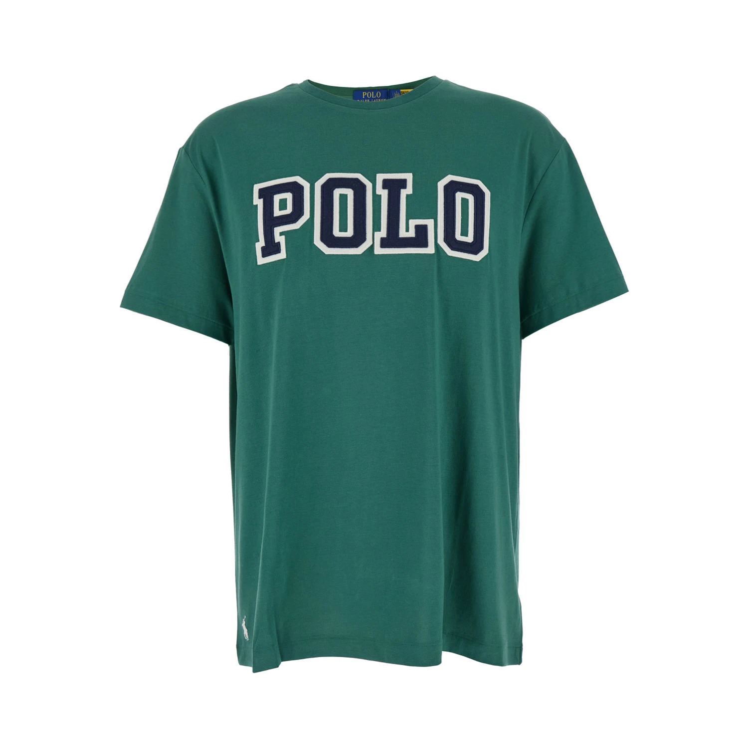 Green Crewneck T-Shirt with Logo Lettering on the Fornt and Pony Embroidery on the Front in Cotton Man