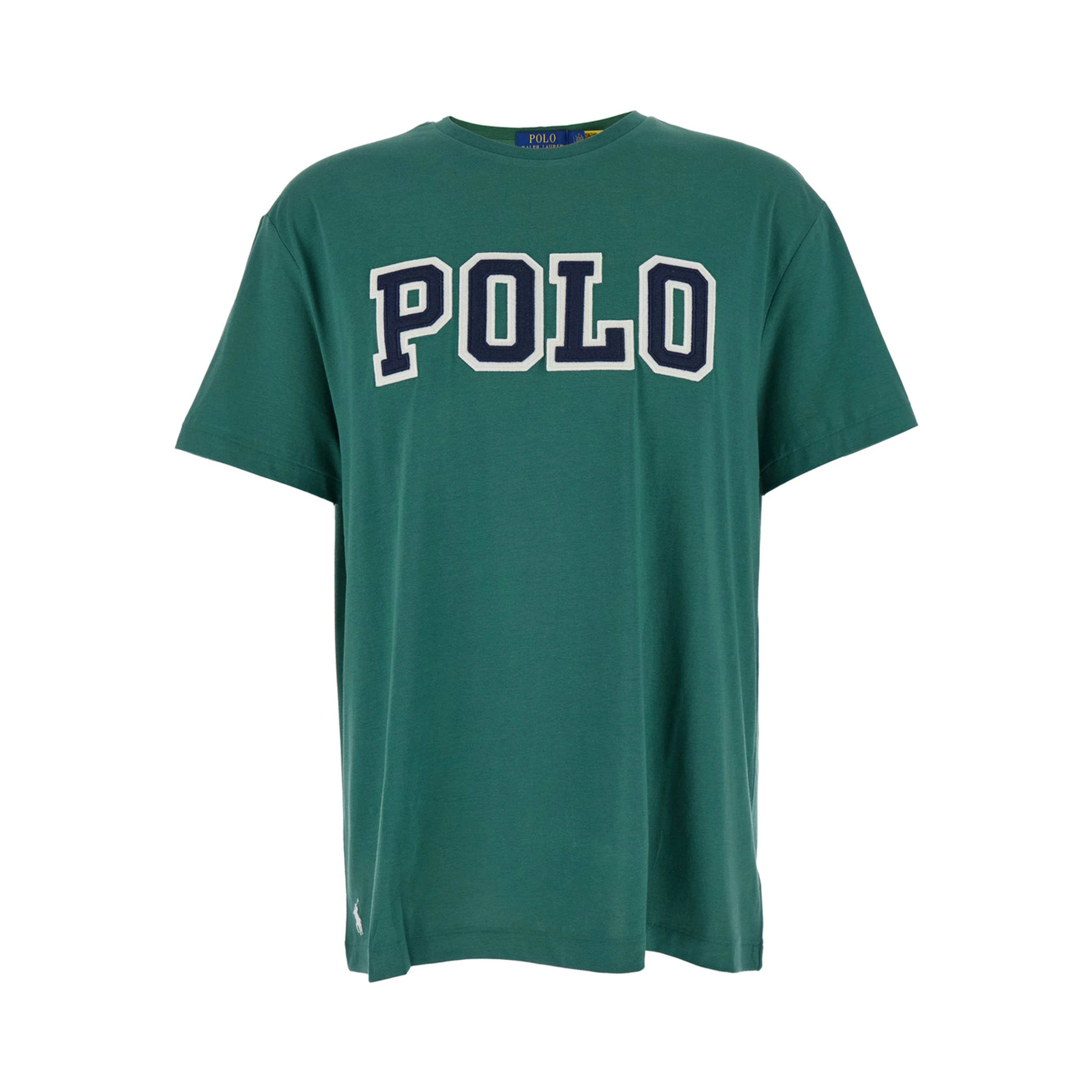 Green Crewneck T-Shirt with Logo Lettering on the Fornt and Pony Embroidery on the Front in Cotton Man